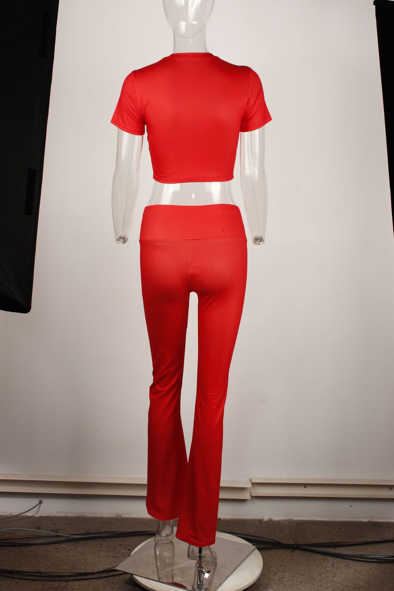 Women's Sporty Fashion Sexy Slim Fit Cropped Short Sleeve Printed Top Pants Set