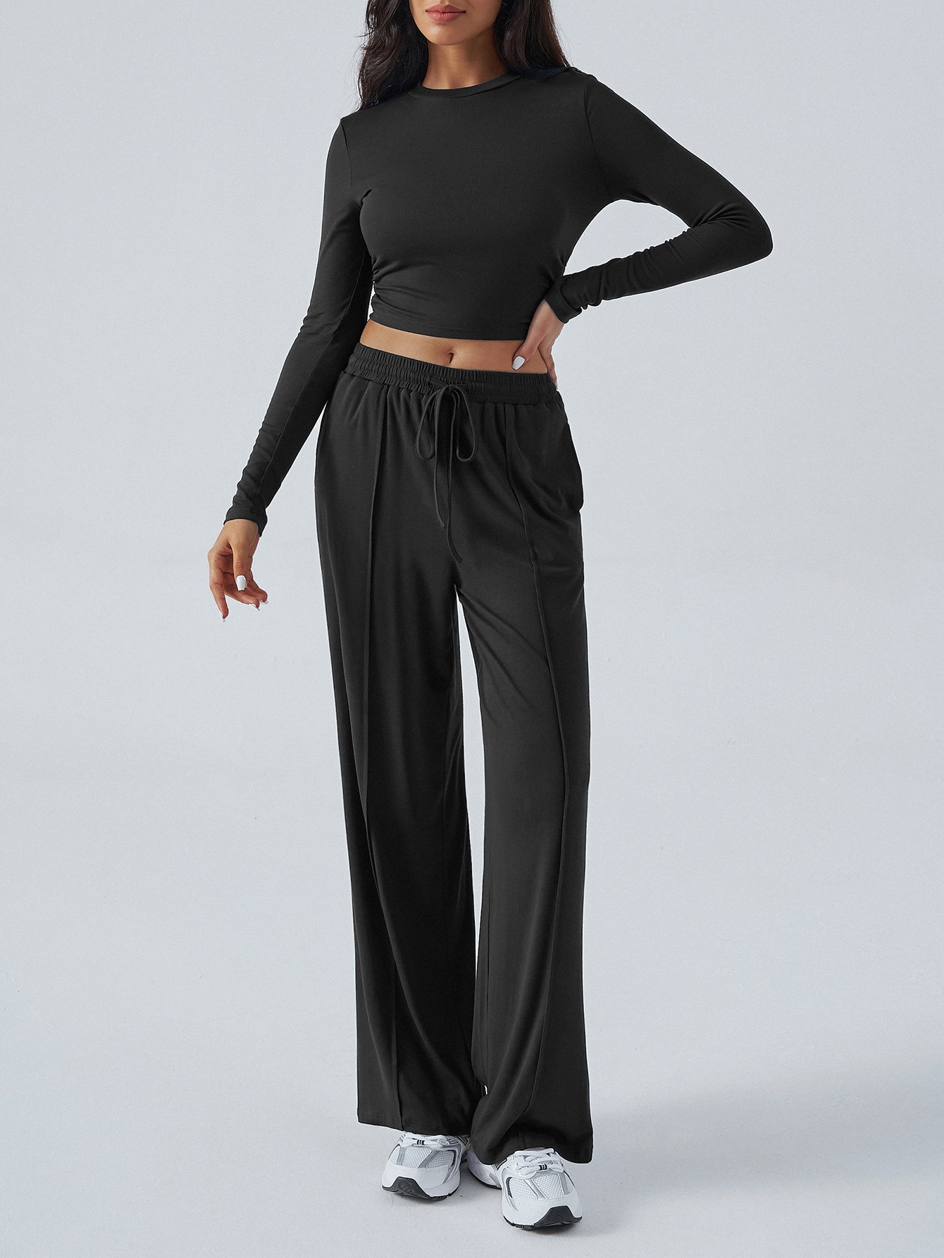 Women's Autumn Winter Y2k Fashion Casual Solid Color Slim Waist Tie Wide Leg Pants Set