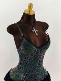 Women's Sexy Leopard Print V Neck Flounce Hem Strap Low Cut Low Back Dress