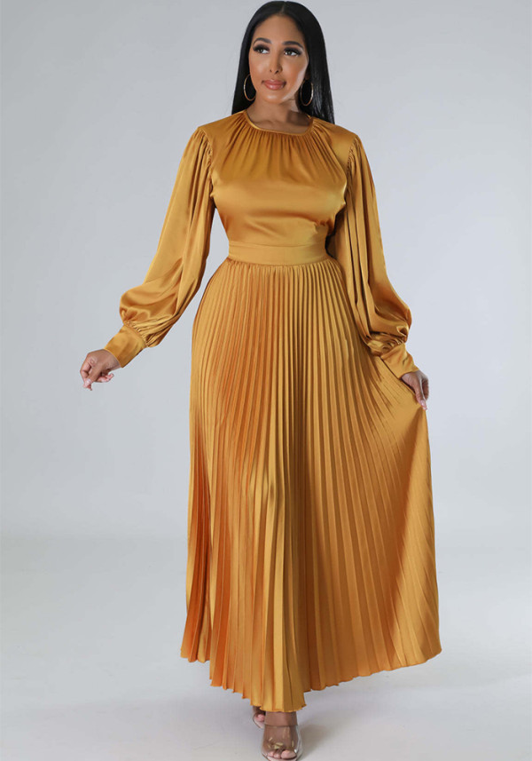 Women's Autumn Solid Color Long Sleeve Round Neck Pleated Dress