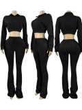 Women's Fashion Casual Turndown Collar Half-Zip Crop Fleece Top Micro Bell Bottom Pants Two-Piece Set