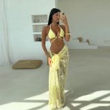Women's Beach Floral Print Solid Color Three-Piece Long Dress Cover-Up Bikini Set