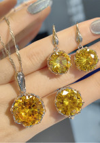 Women's Artificial Gilt Imitation Yellow Crystal Two-Tone Gold Aquamarine Gemstone Ring Pendant Earrings Necklace Set