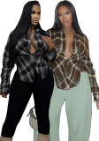 Women's Fashion Casual Sexy Long Sleeve Slit V-Neck Plaid Pullover Shirt