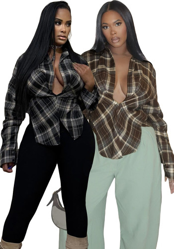 Women's Fashion Casual Sexy Long Sleeve Slit V-Neck Plaid Pullover Shirt