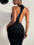 Women's Fashion Sexy Halter Hollow-Out Slim Waist Low Back Bodycon Slit Solid Color Long Dress