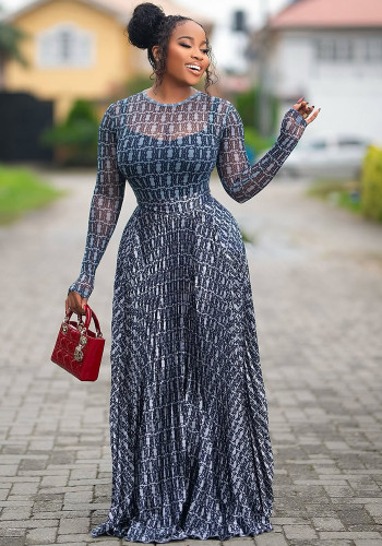 Women's Summer Blue White Letter Print Mesh See-Through Slim Waist Skirt Set