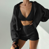 Women's Autumn Sport Casual Cropped Tank Top Zip Hoodie Shorts Three-Piece Set
