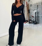 Women's Autumn Solid Color Fleece Bell Sleeve V-Neck Long Sleeve Top Drawstring Straight Leg Pants Set