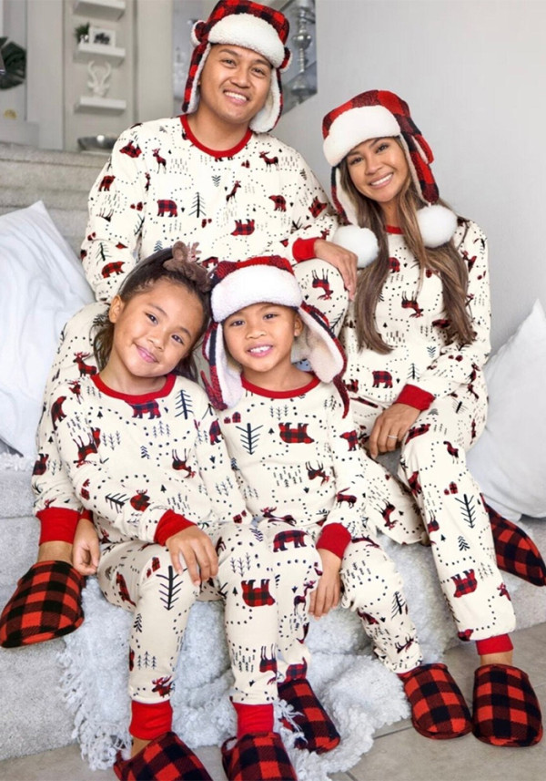 Family Christmas Tree Bear Print Plaid Long Sleeve Pajamas Matching Set Homewear