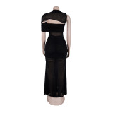 Casual Off-Shoulder Sexy Hollow See-Through Mesh Ruffle Bodycon Dress Set