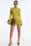 Women's Autumn Winter Knitting Crochet Fringe Long Sleeve Bodycon Two-Piece Skirt Set