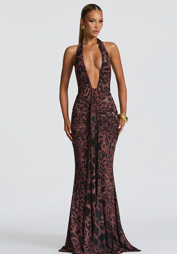 Women Winter Sexy V-Neck Halter Neck Backless Gathered Dress