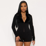 Women V-Neck Fur Collar Patchwork Solid Long-Sleeve Jumpsuit