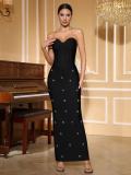 Women Black Strapless Evening Gemstone Bandage Mermaid Maxi Dress