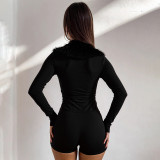 Women V-Neck Fur Collar Patchwork Solid Long-Sleeve Jumpsuit