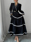 Women Autumn/Winter V-Neck Color-Blocked Pleated Long-Sleeved Dress