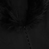 Women V-Neck Fur Collar Patchwork Solid Long-Sleeve Jumpsuit