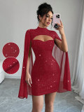 Women Sexy Shiny Half-High Neck Cape Sleeve Ribbed Bodycon Dress