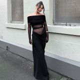 Women spring summer off-shoulder long-sleeved see-through mesh patchwork bodycon dress