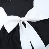 Women Sexy Square Neck Bow Color Block Floral Dress