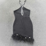 Women Black Halter Neck Evening Feather Rhinestone Bandage Dress