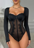 Women sexy lace patchwork black boning see-through long-sleeved bodysuit Sexy Lingerie
