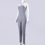 Women Tie-Neck Sleeveless Sexy Hollow-Out Striped Jumpsuit