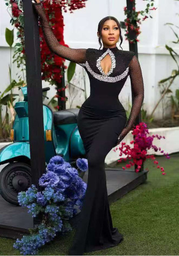 Women Black Mesh Long-Sleeved Evening Bandage Rhinestone Dress