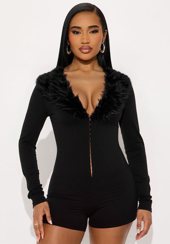 Women V-Neck Fur Collar Patchwork Solid Long-Sleeve Jumpsuit
