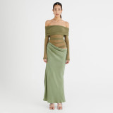 Women spring summer off-shoulder long-sleeved see-through mesh patchwork bodycon dress
