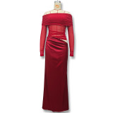 Women spring summer off-shoulder long-sleeved see-through mesh patchwork bodycon dress