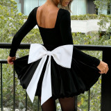 Women Sexy Square Neck Bow Color Block Floral Dress