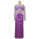 Women spring summer off-shoulder long-sleeved see-through mesh patchwork bodycon dress