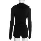 Women V-Neck Fur Collar Patchwork Solid Long-Sleeve Jumpsuit