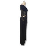 Women spring summer off-shoulder long-sleeved see-through mesh patchwork bodycon dress
