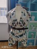 Women Printed Sleeveless Vest with Cross-Neck Shawl Jacket
