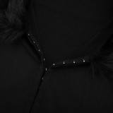 Women V-Neck Fur Collar Patchwork Solid Long-Sleeve Jumpsuit