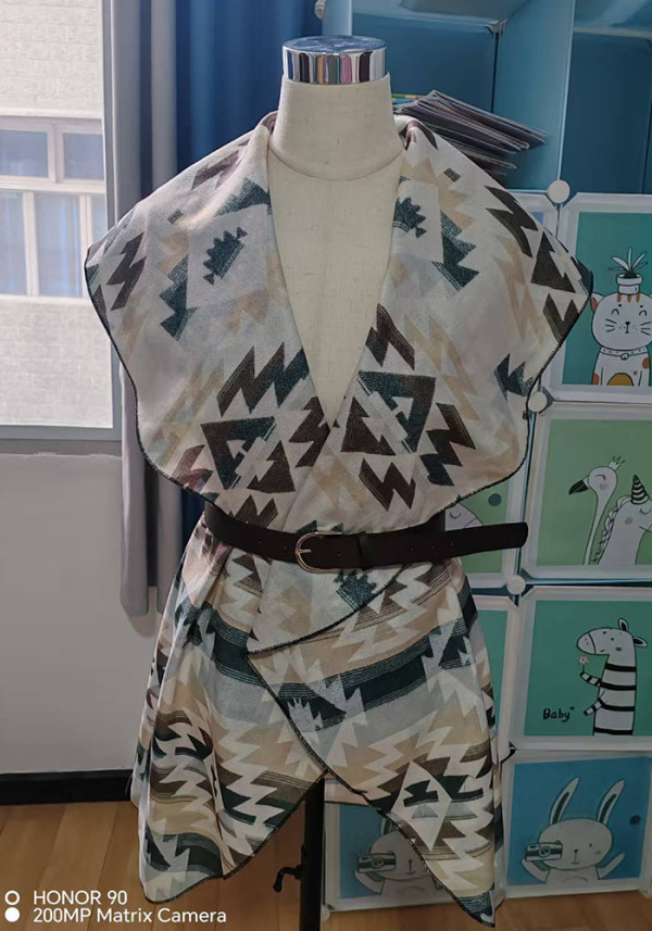 Women Printed Sleeveless Vest with Cross-Neck Shawl Jacket