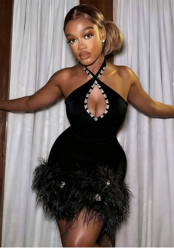 Women Black Halter Neck Evening Feather Rhinestone Bandage Dress