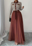 Women Tie-Waist Color-Blocked Mesh Patchwork Dress