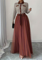 Women Tie-Waist Color-Blocked Mesh Patchwork Dress