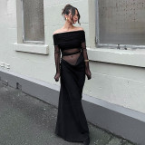 Women spring summer off-shoulder long-sleeved see-through mesh patchwork bodycon dress