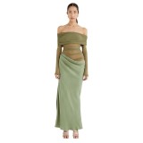 Women spring summer off-shoulder long-sleeved see-through mesh patchwork bodycon dress