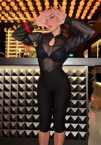 Women Autumn/Winter Sexy Mesh See-Through Long-Sleeve Top and Capri Pants Two-Piece Set