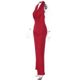 Women Winter Sexy V-Neck Solid Halter Neck Backless Dress