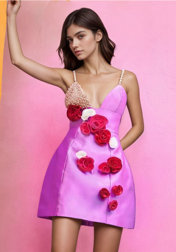 Women Pearl Flower Formal Party Bandage Strap Dress