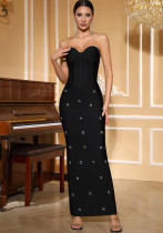 Women Black Strapless Evening Gemstone Bandage Mermaid Maxi Dress