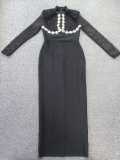 Women Black Mesh Long-Sleeved Evening Bandage Rhinestone Dress