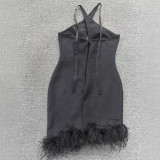 Women Black Halter Neck Evening Feather Rhinestone Bandage Dress